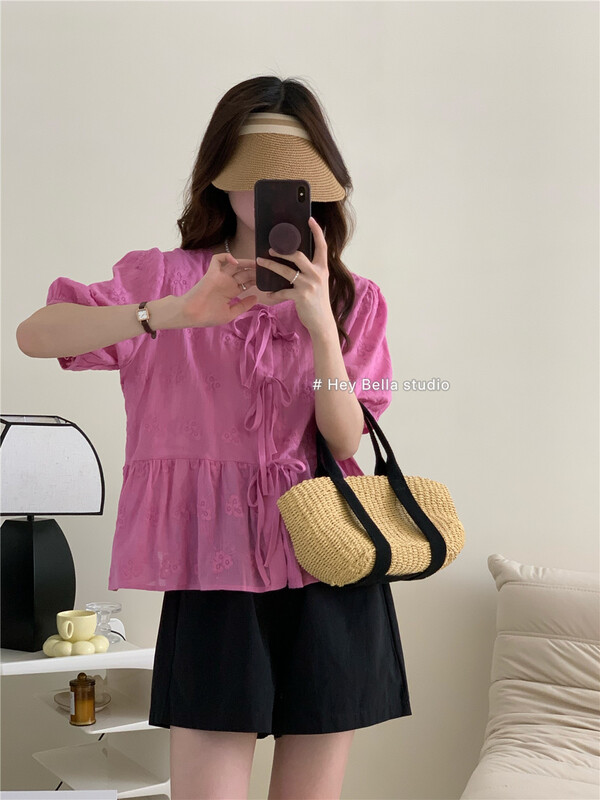 [hey Bella] round neck lace up comfortable shirt 1377\ll