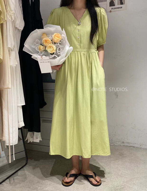 [note] fresh and simple V-neck loose and thin dress 22528\hbx