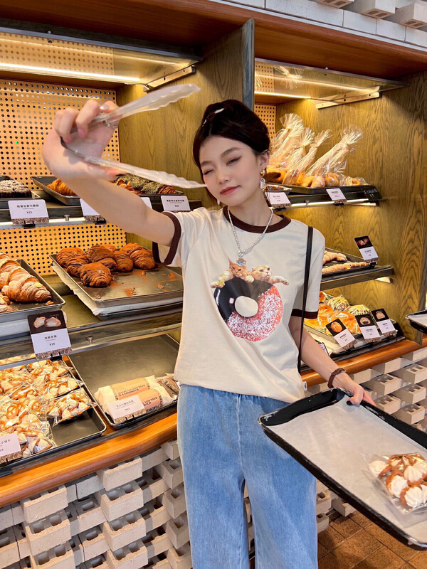 [YT] milk tea color cat doughnut printed short sleeve T-shirt t51323\pcz