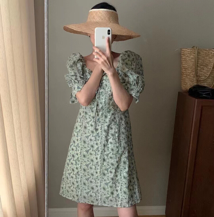 [Zoe Zoe] Korean Style Floral bandage bubble sleeve dress c1011\zjy