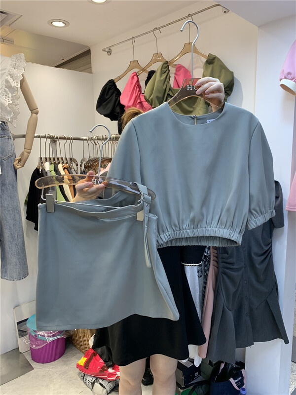 [Han C family] minimalist Short Sleeve Top + Hip Wrap waist skirt suit 8479\pcz