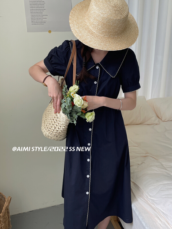 [aimistyle] fresh and simple baby collar single breasted bubble sleeve dress 11036\hbx