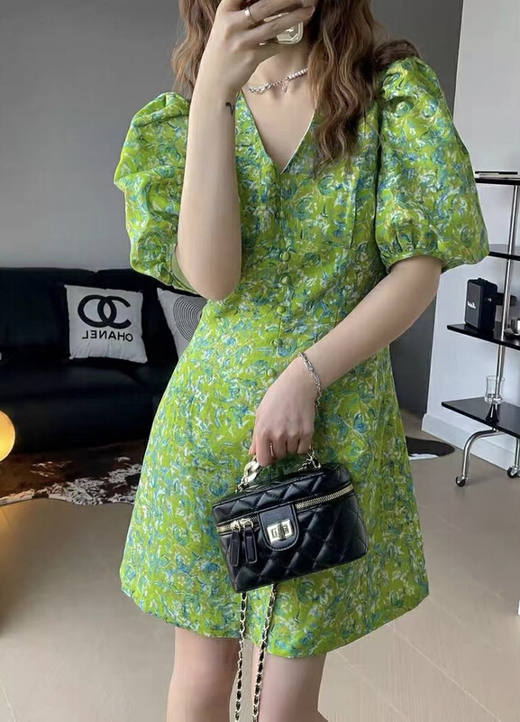 [JH] fresh and simple Lantern Sleeve floral V-neck dress 41871\pcz