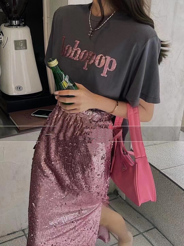 [Yan Zhen] simple letter printed short sleeve + Sequin versatile skirt set 87730\pcz