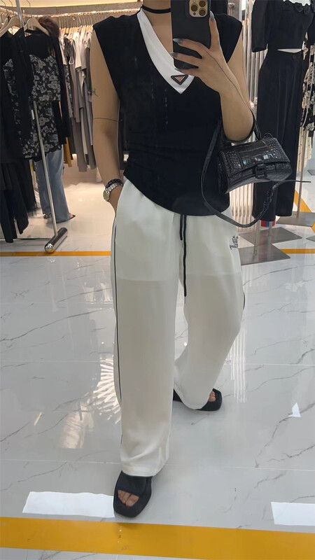 [semi plain] high waist color blocking versatile wide leg casual pants h026\zjy