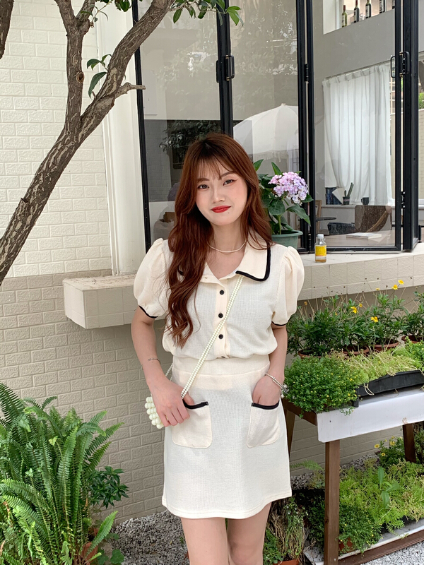 [as] contrast color fashion polo shirt + slim skirt suit 6573\hjy