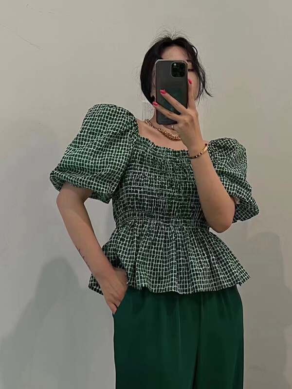 【 mi 】 Korean fashion Plaid bubble sleeve shirt 9689\pcz