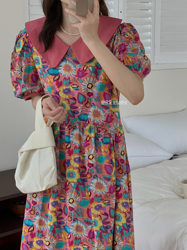 [RS] sweet printed baby neck bubble sleeve loose dress rs2068\xyy