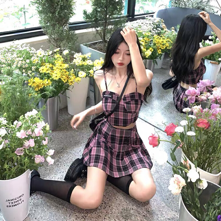 [Huaxi] checkered sexy vest + sweet cool skirt suit 9116\pcz