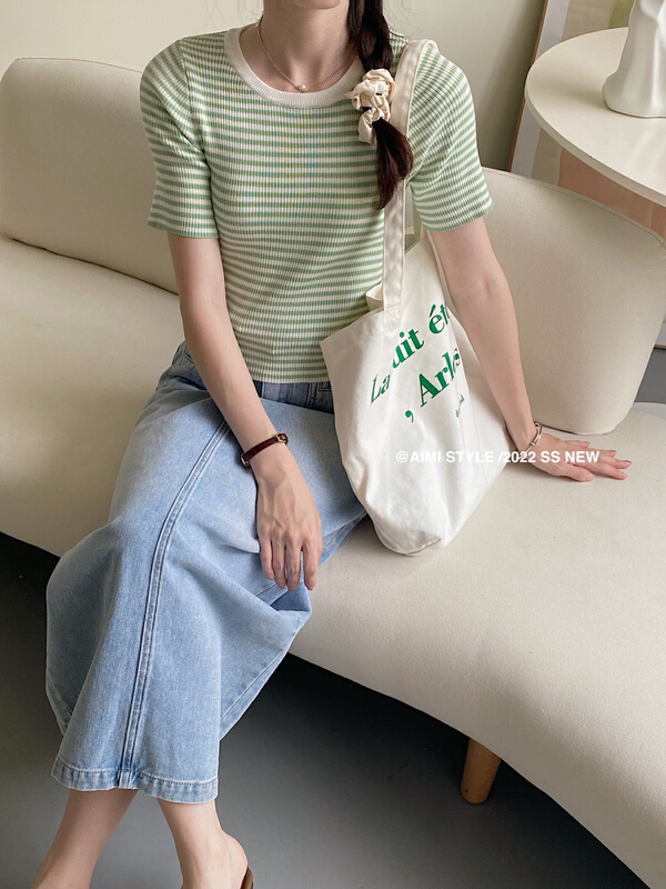 [aimistyle] New Stripe round neck short sleeve T-shirt 13733\hbx