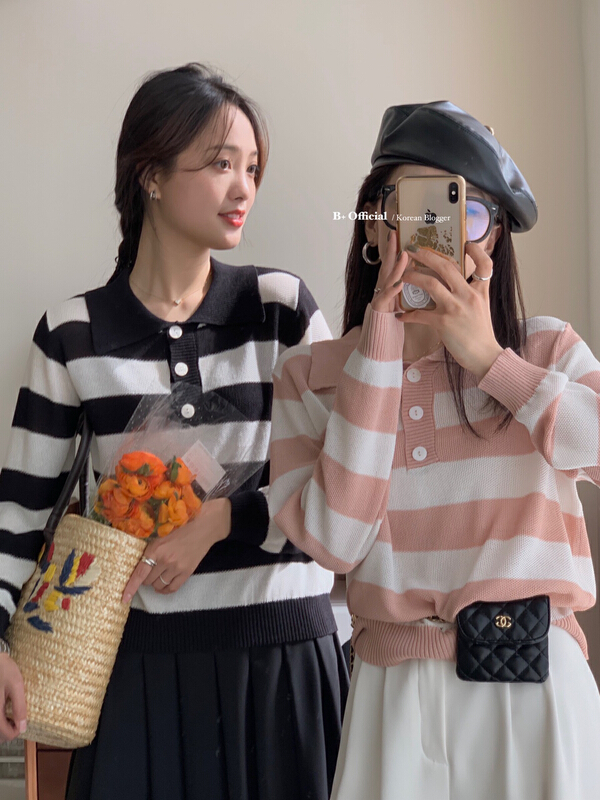 New year in early spring! [B plus] polo collar flax cotton stripe T-shirt 22-942-2\hbx