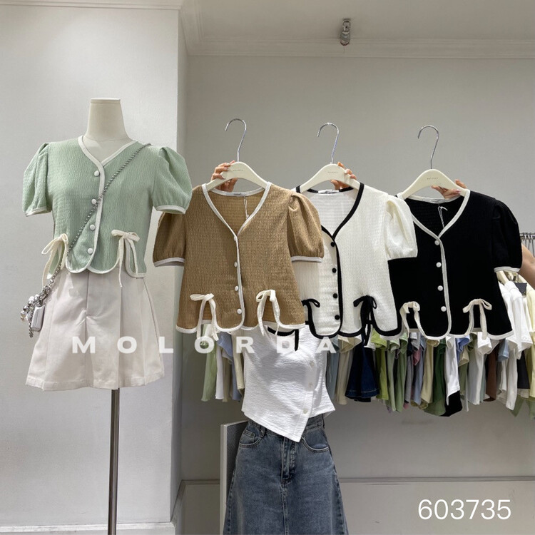 [morada] Korean color matching edge bubble sleeve button up shirt 603735\xyy
