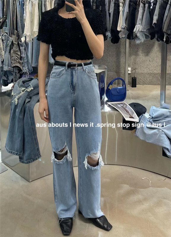 【 aus 】 Korean version pierced straight jeans (with belt) 6915\lsw