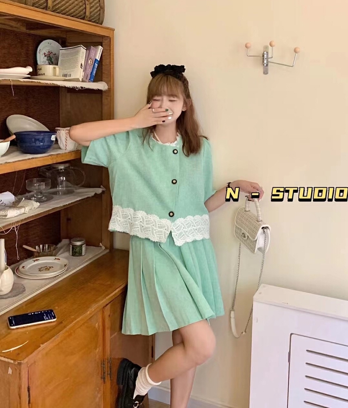 【N】 Thin lace lace short sleeve button up blouse + high waist solid color skirt set 0937\wtt