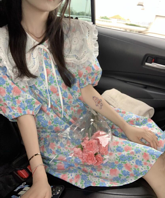 [dolly] lace Patchwork Baby collar Korean floral dress (with shawl) 2350\pcz