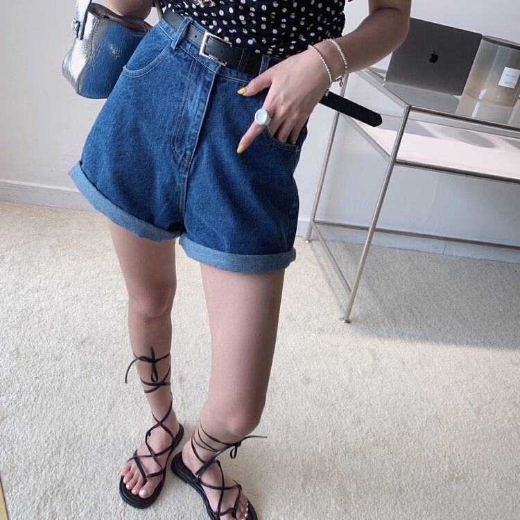 [Vanessa] minimalist high waist versatile denim shorts (with belt) 6305\ozq