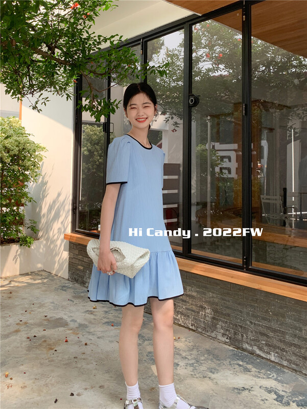 [candy] round neck color contrast edge fishtail loose dress ys1-7397\zjy