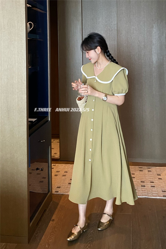 [f.three] lotus leaf large collar contrast bonded waist dress 87332\xj