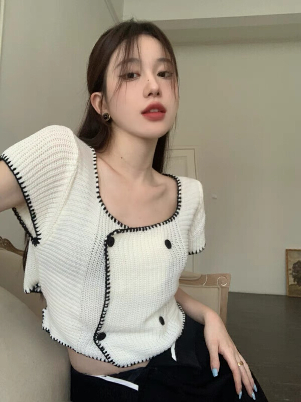 [f · P] pure desire square neck double row button up navel short sweater 94148\hbx