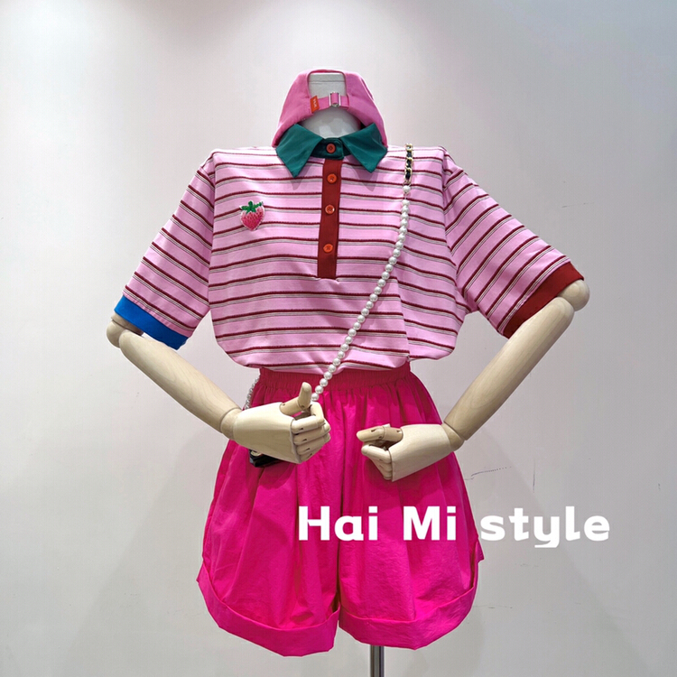 [Helmi] Korean fashion mosaic contrast Stripe Polo Shirt 1927\wtt