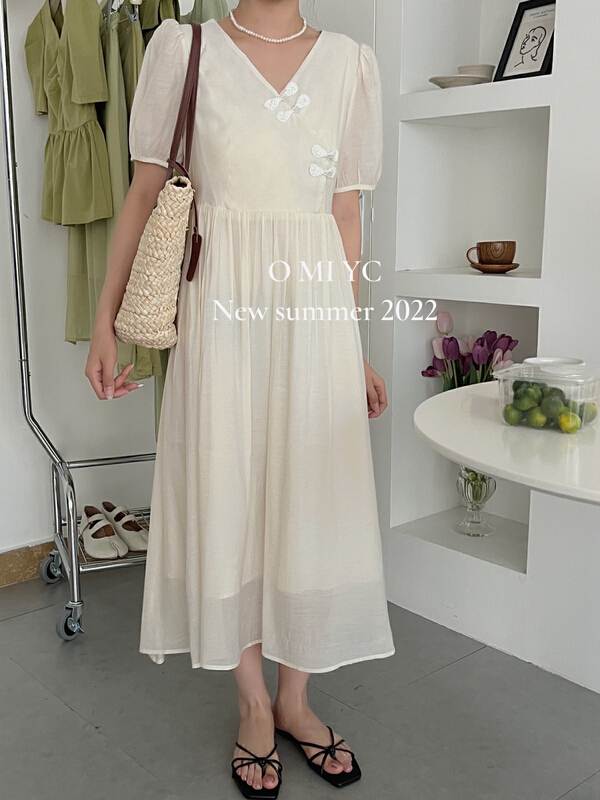 [O MI] China style Tencel buckle dress back lace up design 7323