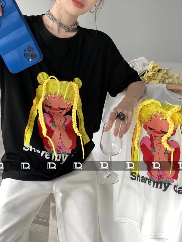 [original by tangdou] braided girl warrior print design versatile short sleeve T-shirt 9805\wtt
