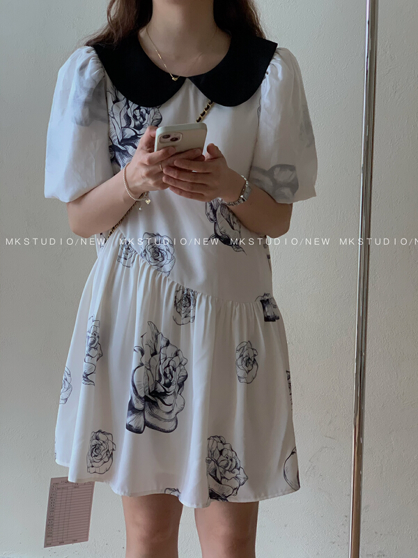 [chen/mk] elegant ink flower Lapel dress 3321\hjy