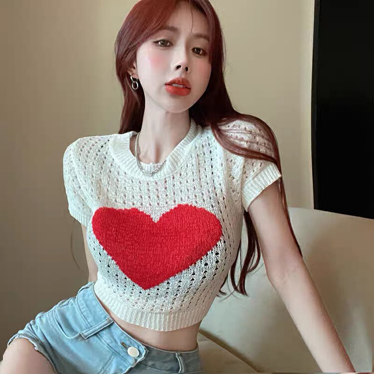 [f · P] online hot girls slim down round neck short sleeve love hollow out short sweater 1669\hbx