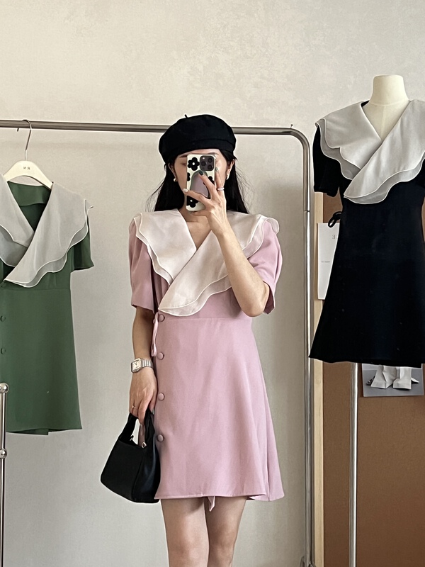 [R n] single breasted color blocking lace up dress 80880\ll
