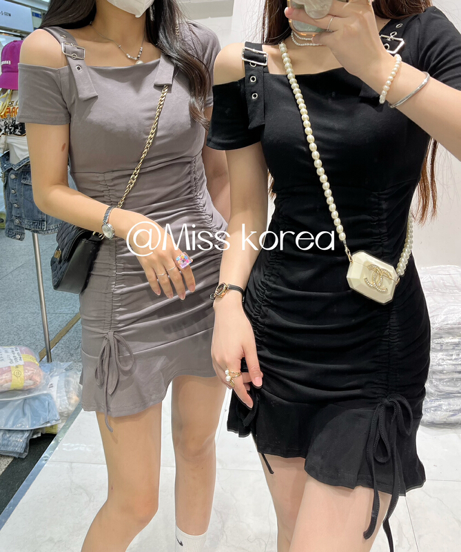 [Miss Korea] chic design sense Spice Girl pleated slim off shoulder dress 6903\hbx