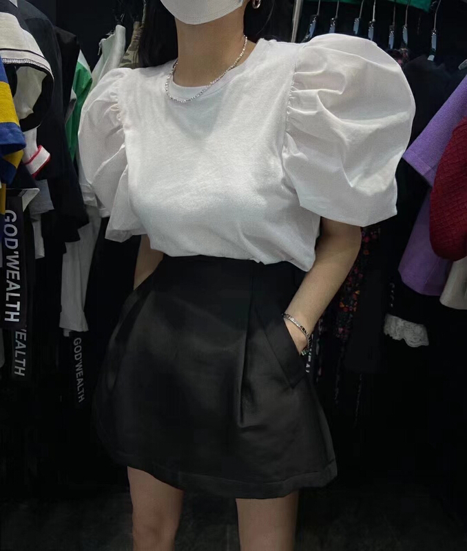 【 mi 】 Korean version foreign style bubble sleeve short sleeve T-shirt 9619\pcz