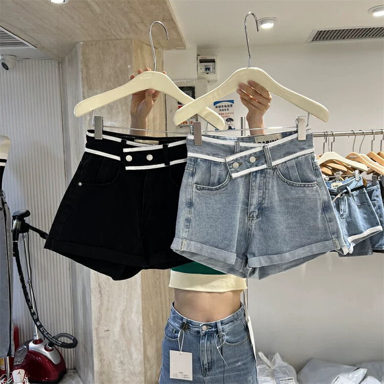 [by flow] color blocking fashion skinny denim shorts w827\xyy