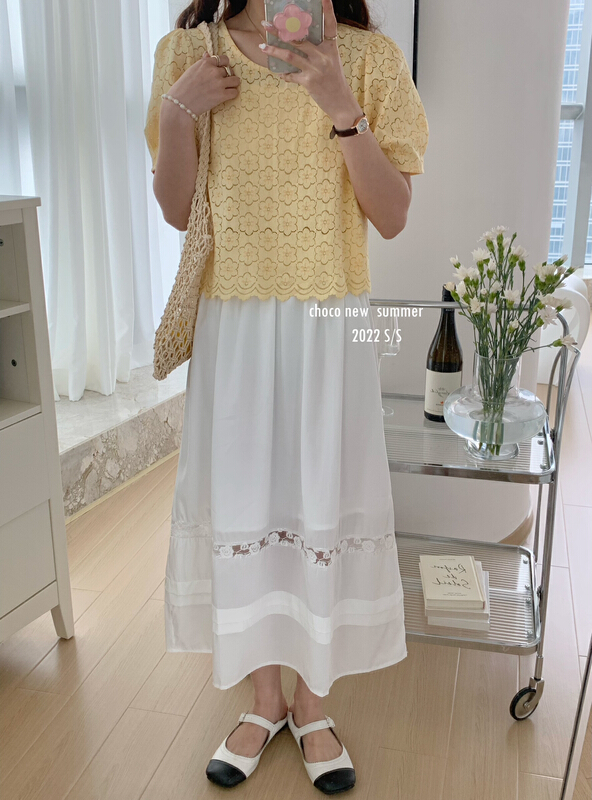[choco] Korean style small fresh and versatile patchwork hollow out skirt 8306\hbx
