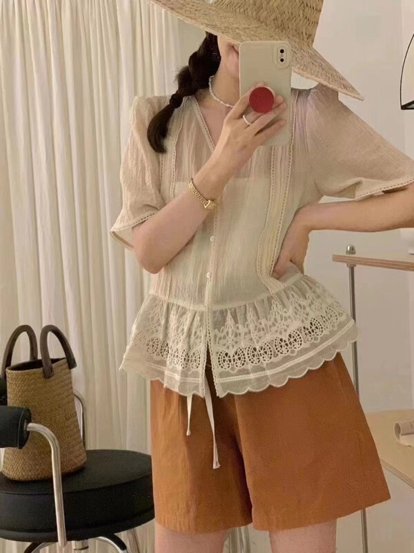 [o.lucky] V-neck lace single breasted shirt 1943\hbx