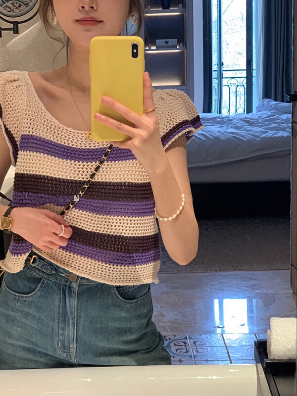 [by] Korean stripe hollow out sleeveless sweater 4616\\cl