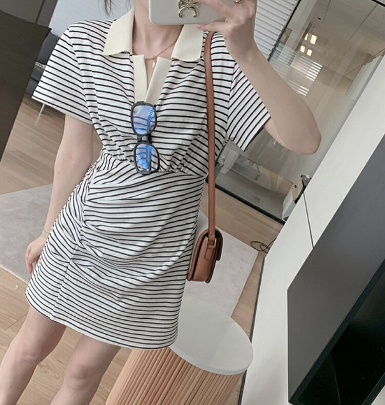 In early summer! [y.jia EJA] stripe pleated casual dress ys3-5610\pcz