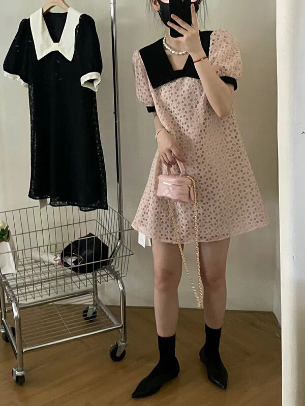 [Zoe Zoe] Korean hollow out lace color matching dress c897\zjy