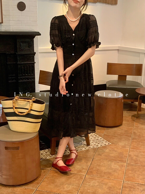 [ing] elegant temperament V-neck pleated slim fit bubble sleeve dress ing-9002\hbx