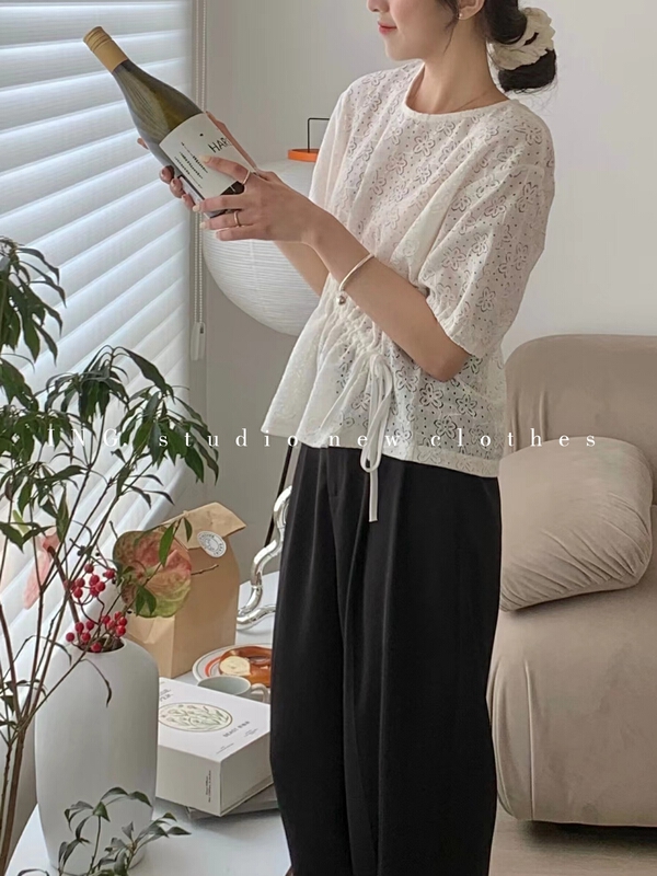 [ing] design sense side drawcord loose lace blouse 6876\zsy