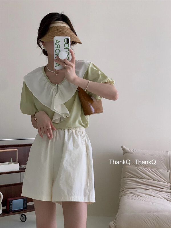 [thankq] contrast color Ruffle shirt 6926\zjy
