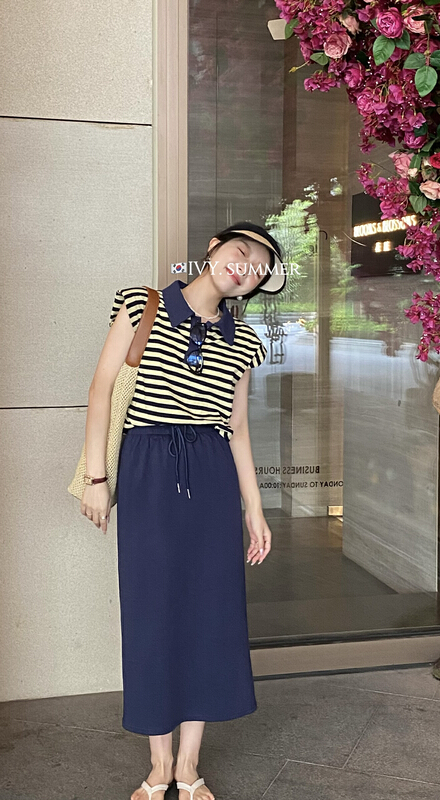 [Ivy] simple Striped Polo neck T-shirt + pure color versatile casual half suit 88299\jhy