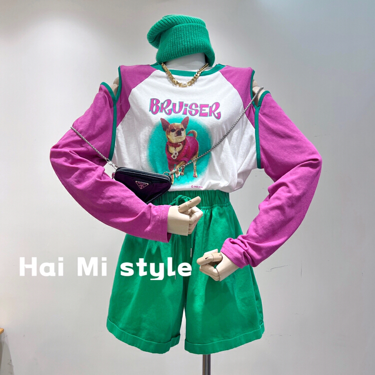 [Helmi] Korean mosaic color contrast sunscreen shirt 1918\wtt