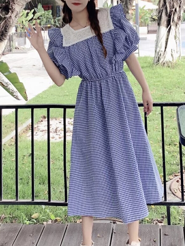 [JH] net RED PLAID RUFFLE contrast color Lantern Sleeve Dress (dress only) 41782\pcz