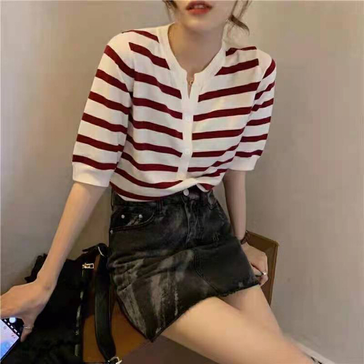 [huole] Vintage literary stripe loose short sleeve T-shirt 3742\wtt