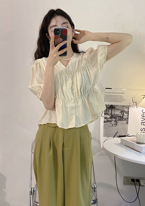 [JH] net red small fragrance bubble sleeve shirt + minimalist casual pants set 41915\pcz