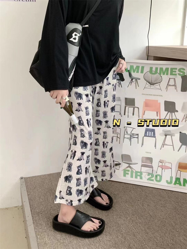 【N】 Elastic waist dog printed micro flare pants 0988\wtt