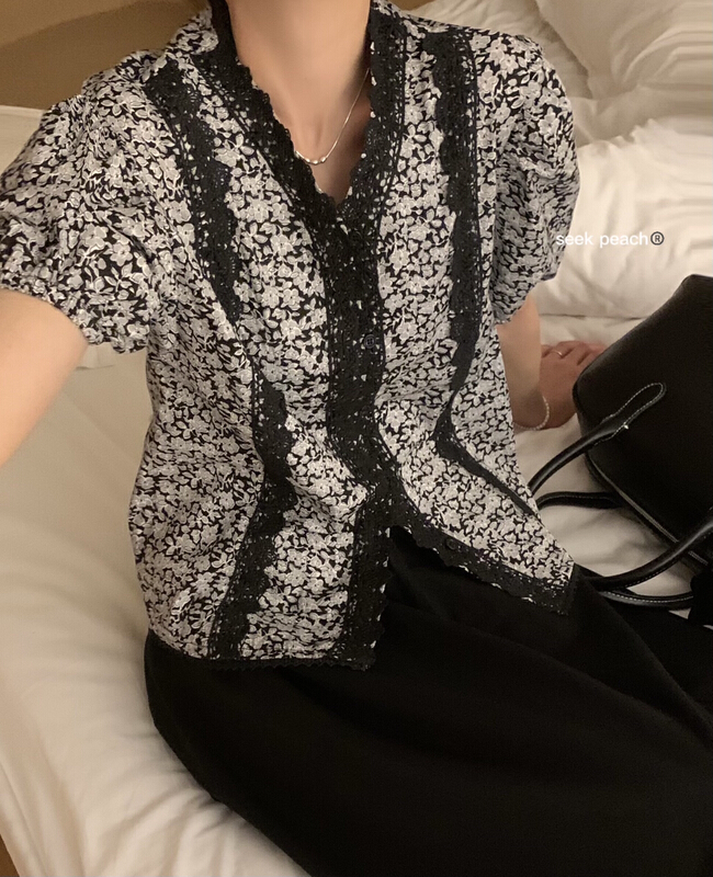 [seek peach] V-neck design Vintage Floral Shirt 5299-1\ll