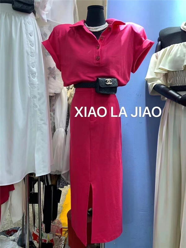 [pepper] simple and slim Polo short sleeve T-shirt + high waist slit skirt set 386\pcz