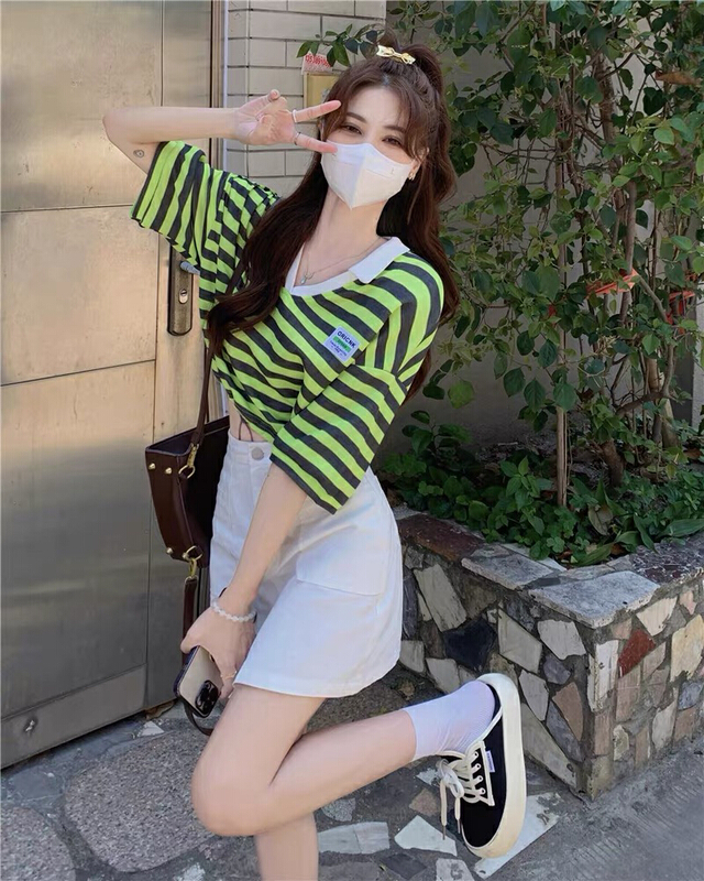 [f · P] V-neck stripe waist down versatile T-shirt 83123\hbx