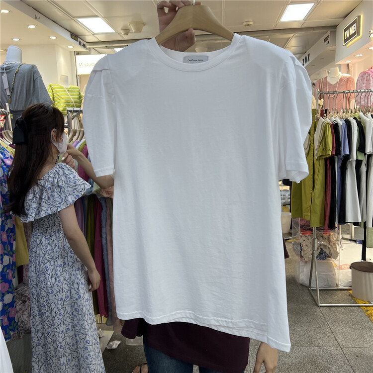 [cauliflower home] round neck bubble sleeve comfortable short sleeve T-shirt 89170\ll